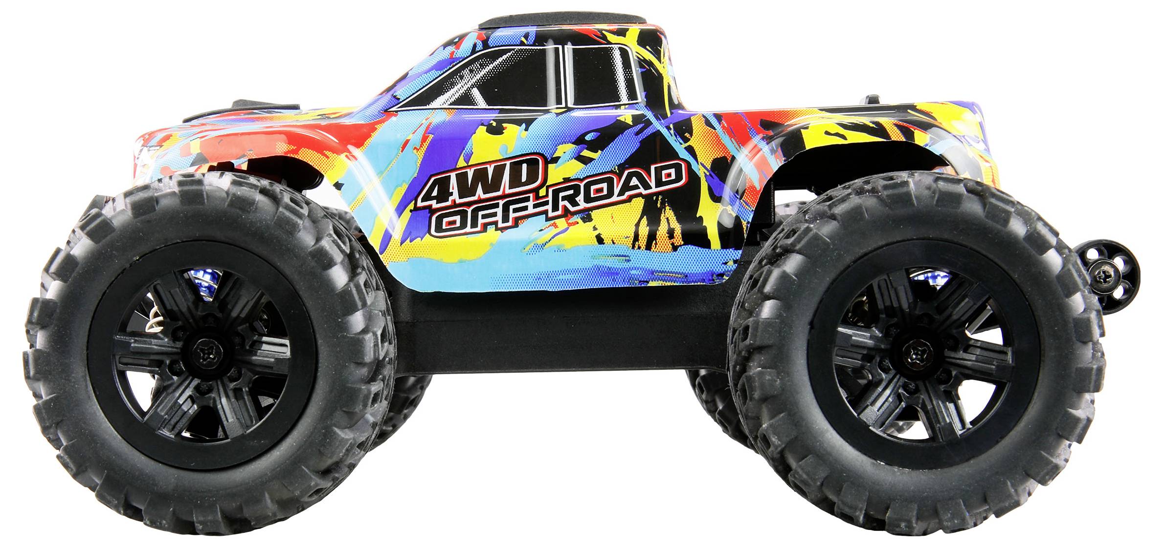 Un camion giocattolo coloratamente decorato con grandi ruote e la scritta '4WD Off-Road' sul lato.