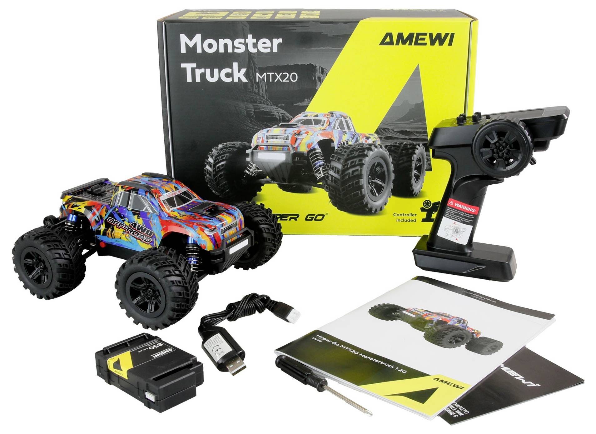 Un monster truck giocattolo colorato con telecomando, caricabatterie e istruzioni, davanti a un packaging nero e giallo.