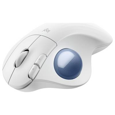 Un mouse trackball ergonomico bianco senza fili con sfera blu.