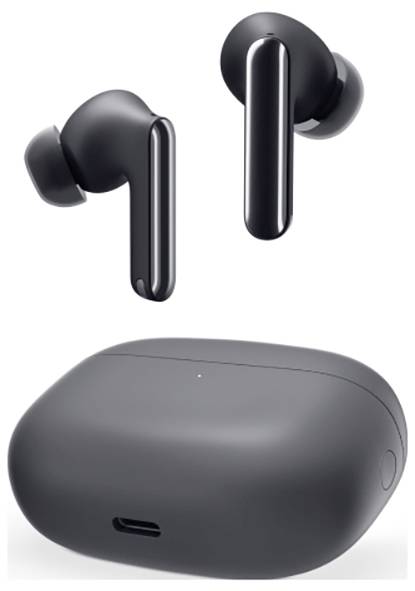 Auricolari wireless neri con custodia di ricarica, design moderno.