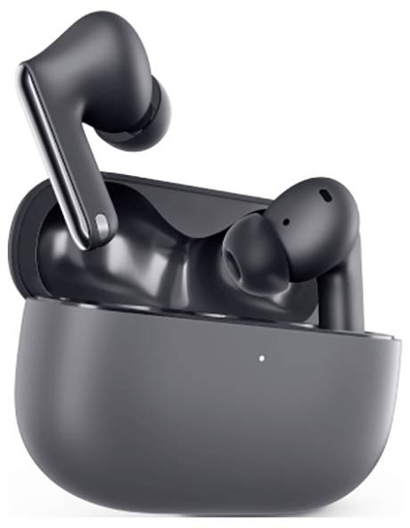 Auricolari wireless neri nel loro case di ricarica; design moderno.