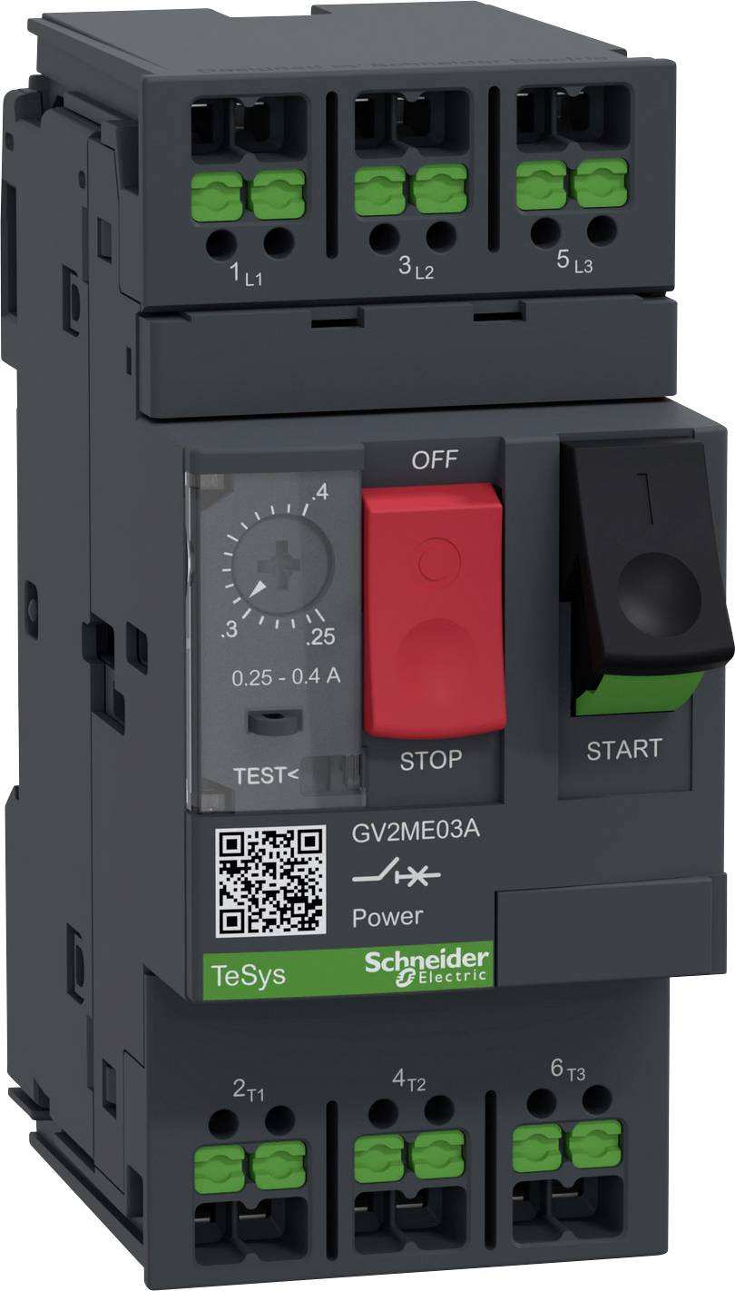 Un interruttore di Schneider Electric, tipo GV2ME03A, con pulsanti 'Stop' e 'Start', un selettore rotativo e morsetti di collegamento.