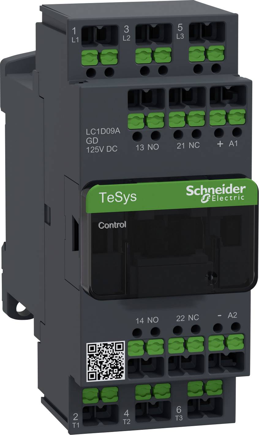 Un interruttore di potenza elettrico nero di Schneider Electric con etichetta verde 'TeSys', numero di modello LC1D09A GD, mostra diversi morsetti.