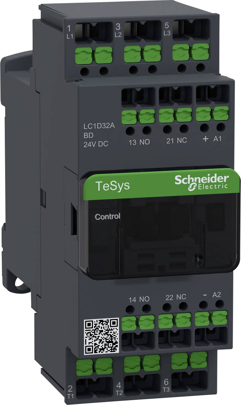 Un contattore Schneider Electric nero con morsetti verdi e la scritta 'TeSys Control'. In alto è riportata la scritta 'LC1D32A BD 24V DC'.
