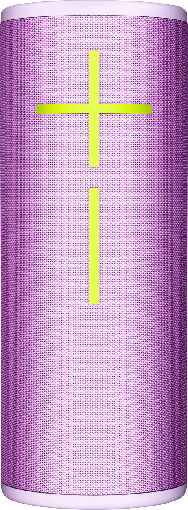 Un altoparlante portatile rosa con tasti del volume gialli sul davanti.