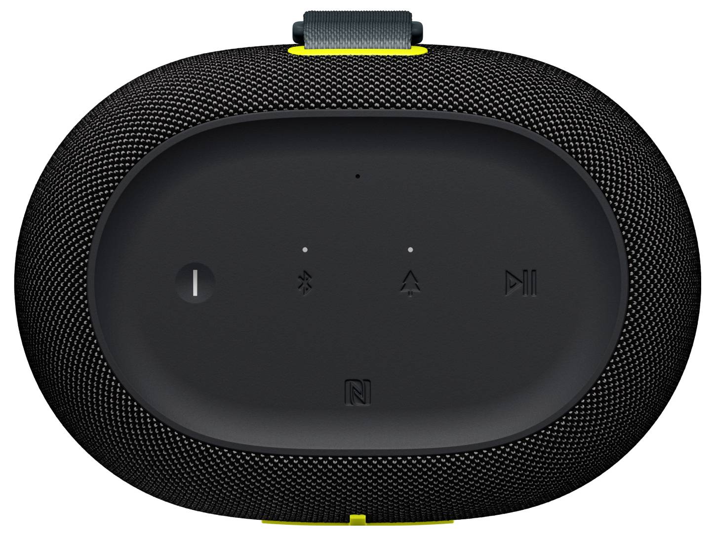 Altoparlante Bluetooth portatile, ovale di colore nero, con tasti On/Off, abbinamento Bluetooth e controllo della riproduzione sulla parte superiore.