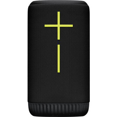 Un altoparlante portatile nero con simbolo giallo più e meno, posizionato verticalmente. Ideale per la riproduzione musicale wireless.