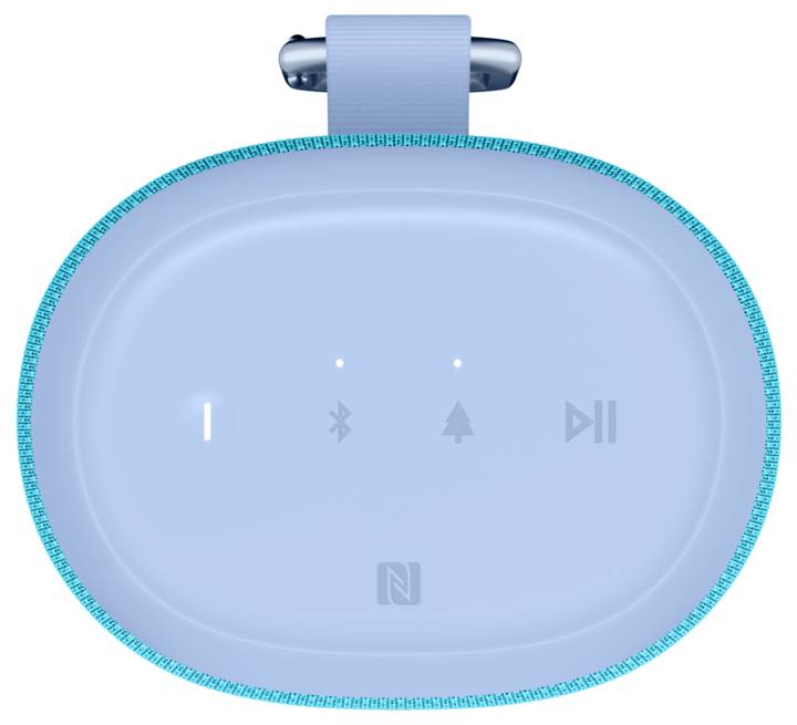 Altoparlante wireless blu con simboli di accensione/spegnimento, Bluetooth, profilo audio e riproduzione/pausa sulla superficie superiore.