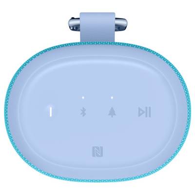 Altoparlante wireless blu con simboli di accensione/spegnimento, Bluetooth, profilo audio e riproduzione/pausa sulla superficie superiore.