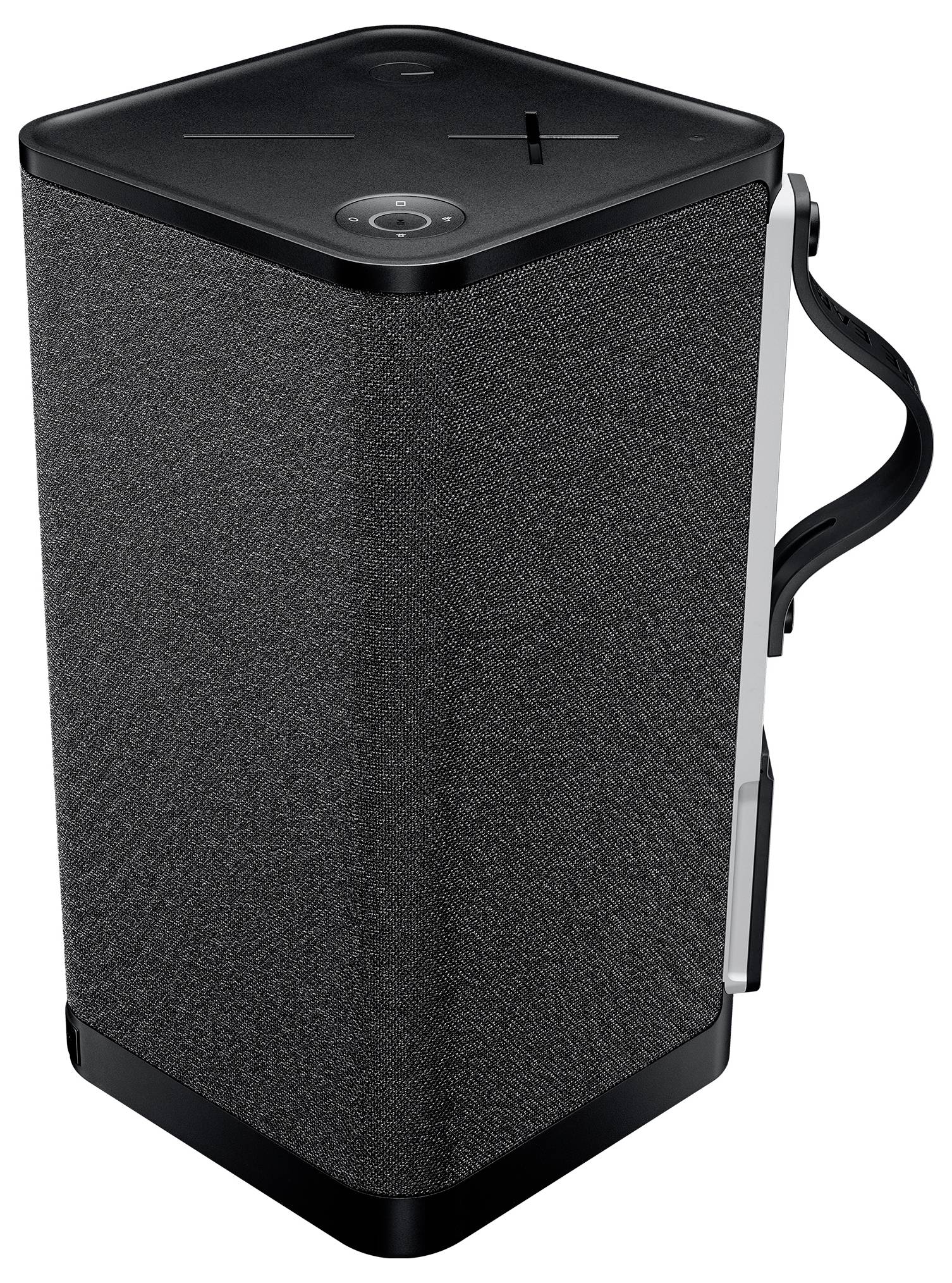 Altoparlante portatile nero con manico di trasporto, controllo del volume e interruttore di accensione/spegnimento sulla parte superiore.