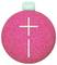 Un altoparlante portatile rosa con simboli +/- per il controllo del volume e un'etichetta verde in alto con la scritta 'Ultimate Ears'.