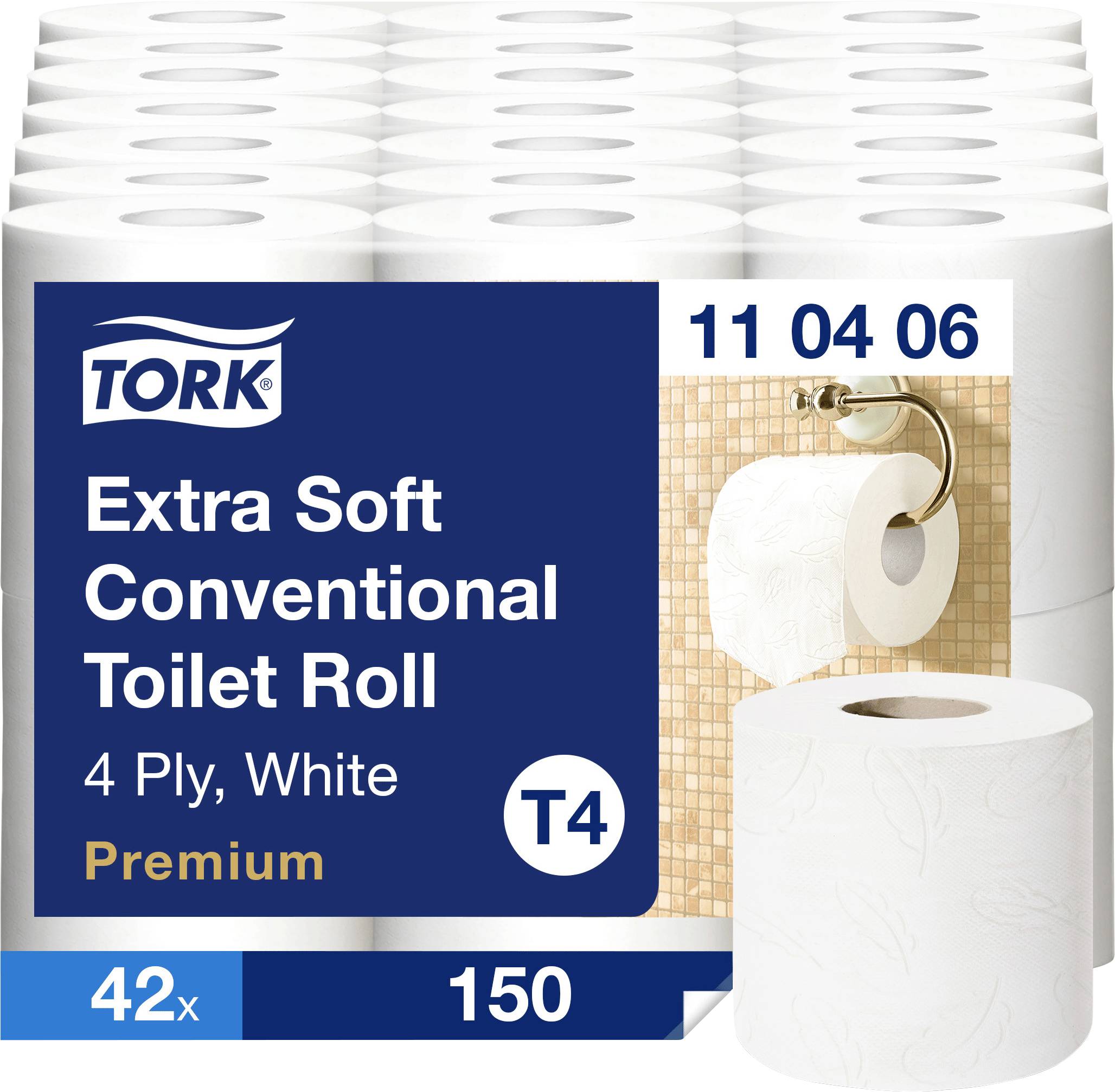 Confezione di Carta Igienica Tork Extra Soft Convenzionale, 4 veli bianca premium, T4, 42 rotoli x 150 fogli, con immagine del rotolo di carta igienica.
