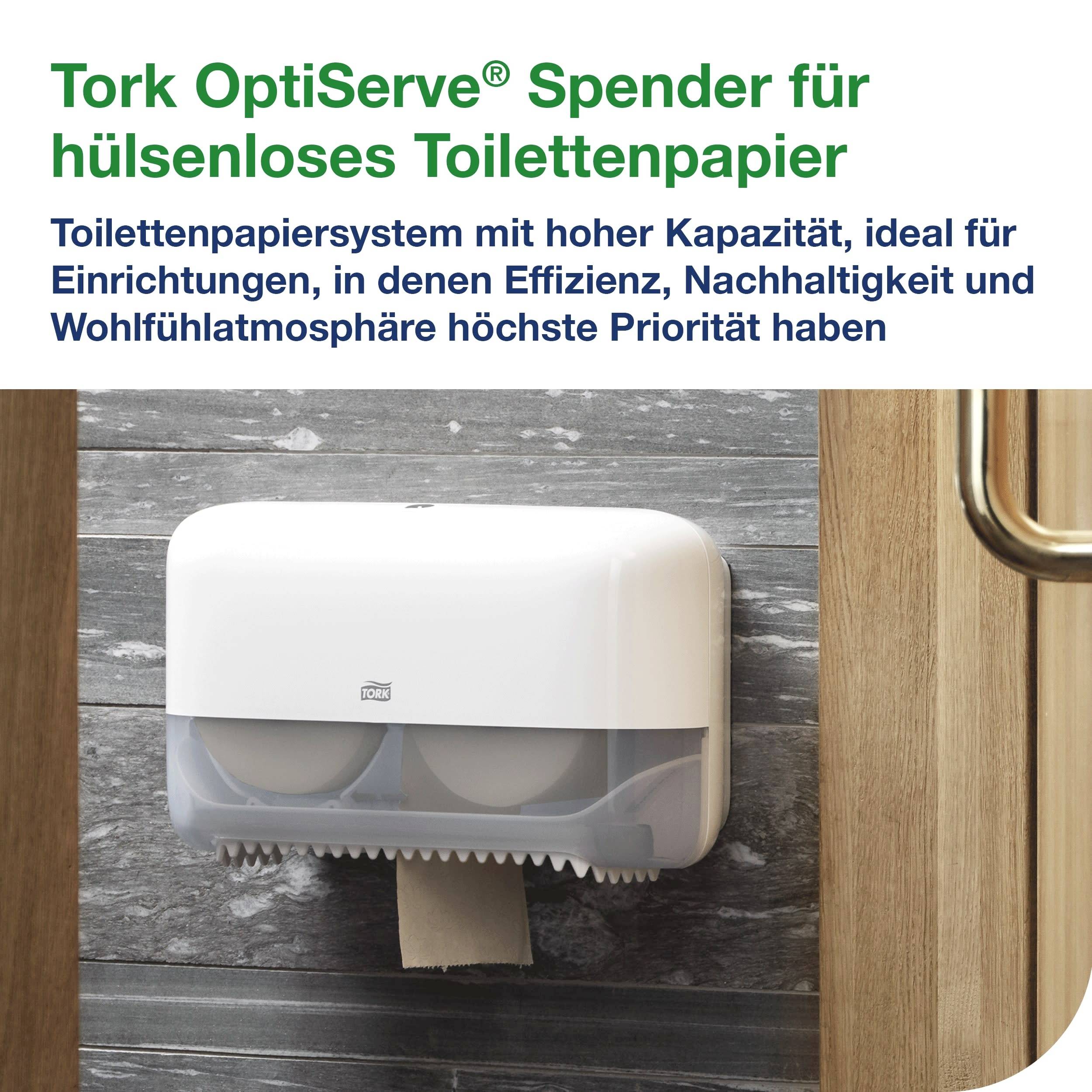 Il distributore Tork OptiServe® per carta igienica senza nucleo è ideale per l'efficienza, la sostenibilità e la creazione di un'atmosfera di benessere.