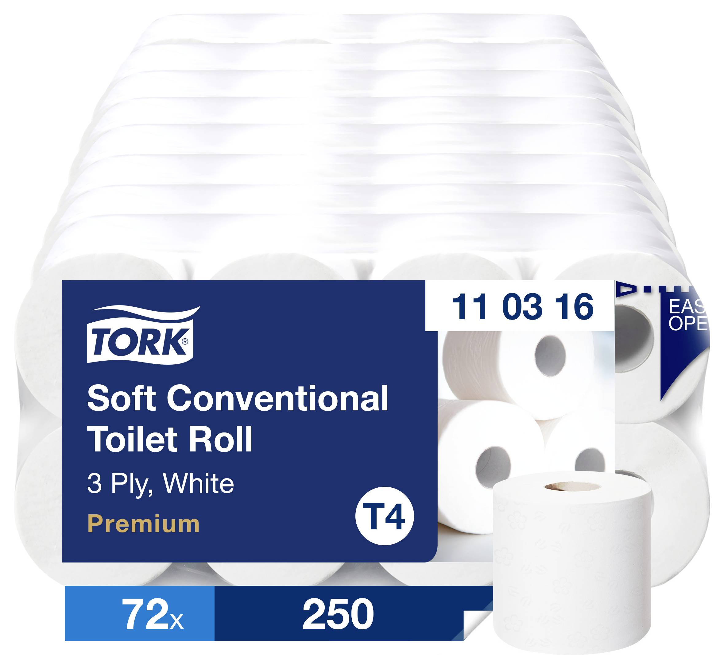 Sono visibili diverse confezioni di carta igienica Tork, a 3 veli, bianca, Premium, con 72 rotoli e 250 fogli per rotolo.