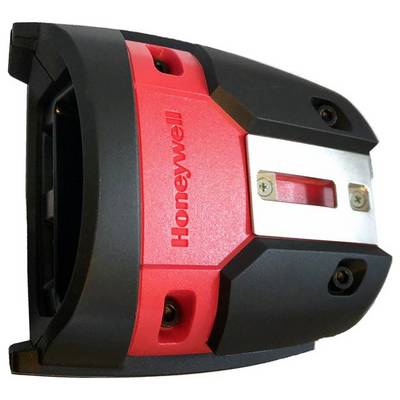Un lettore di codici a barre Honeywell rosso e nero, ripreso di lato.