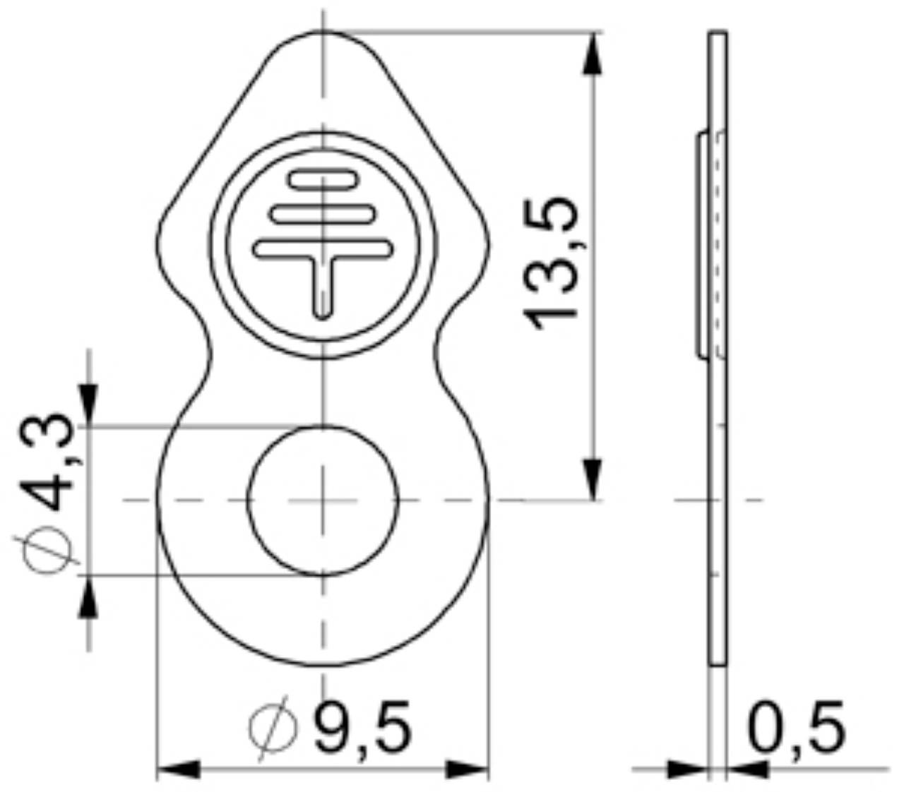 Disegno tecnico di un pezzo metallico ovale con dimensioni: lunghezza 13,5 mm, larghezza 9,5 mm, spessore 0,5 mm. Mostra vista frontale e laterale.