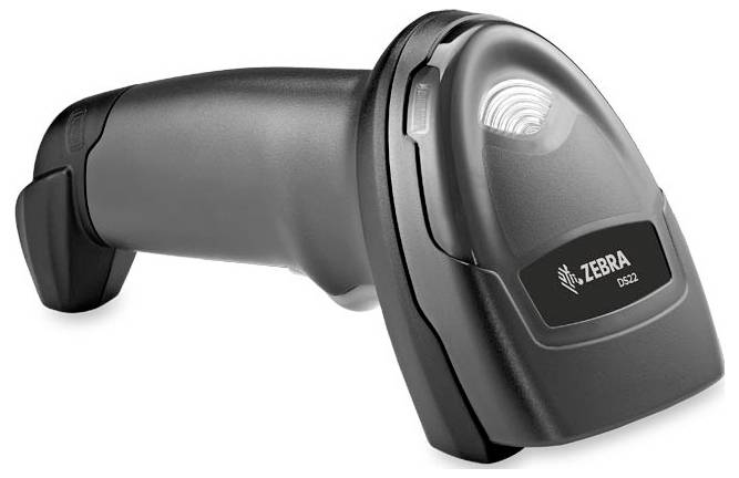Scanner di codici a barre, modello 'Zebra DS22', in nero, vista laterale. Il dispositivo viene utilizzato per la raccolta di dati dai codici a barre.