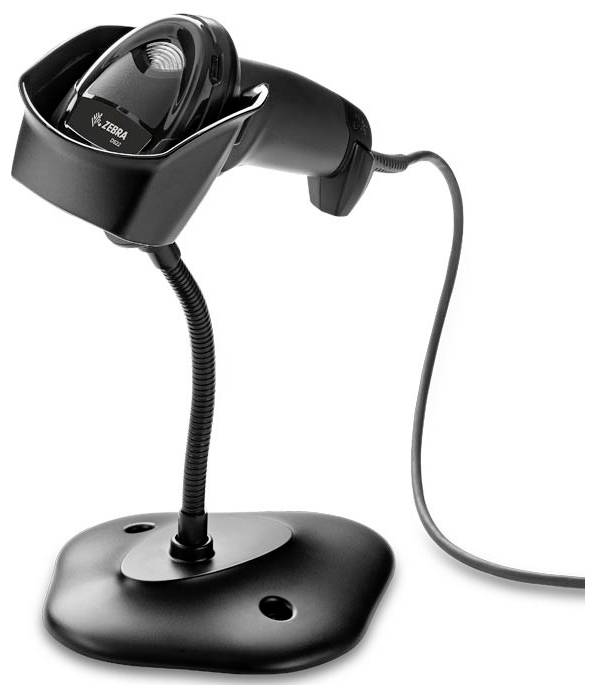 Scanner a codici a barre Zebra su un supporto; ideale per la scansione a mani libere in commercio al dettaglio, logistica o ufficio.