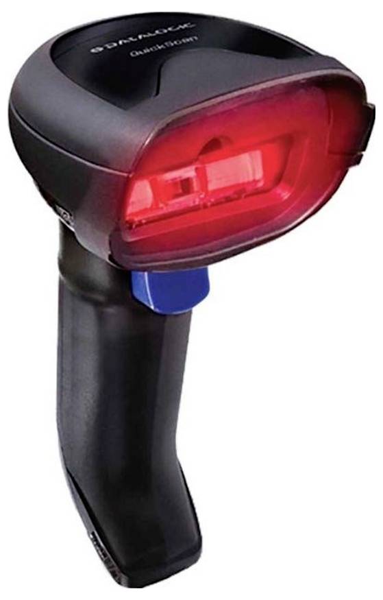 Un lettore di codici a barre nero con luce rossa, utilizzato per la scansione di codici a barre.