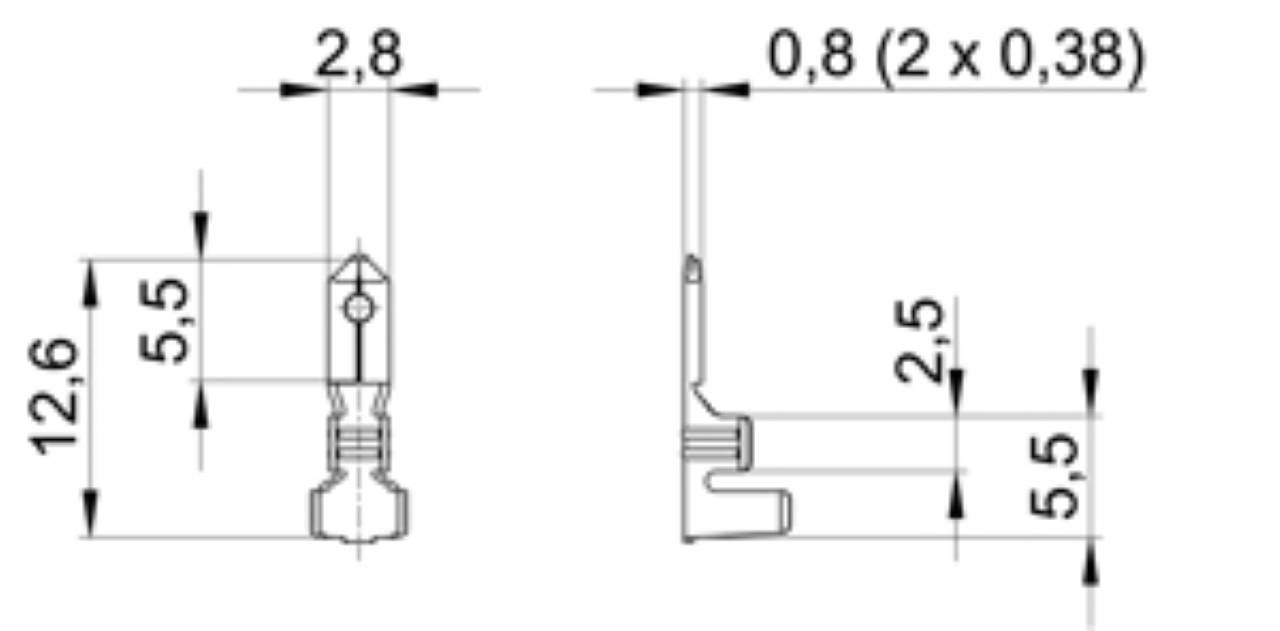 Disegno tecnico di una penna con dimensioni: a sinistra 12,6 x 2,8 mm e a destra 5,5 x 0,8 mm, con viste in profilo dettagliate.