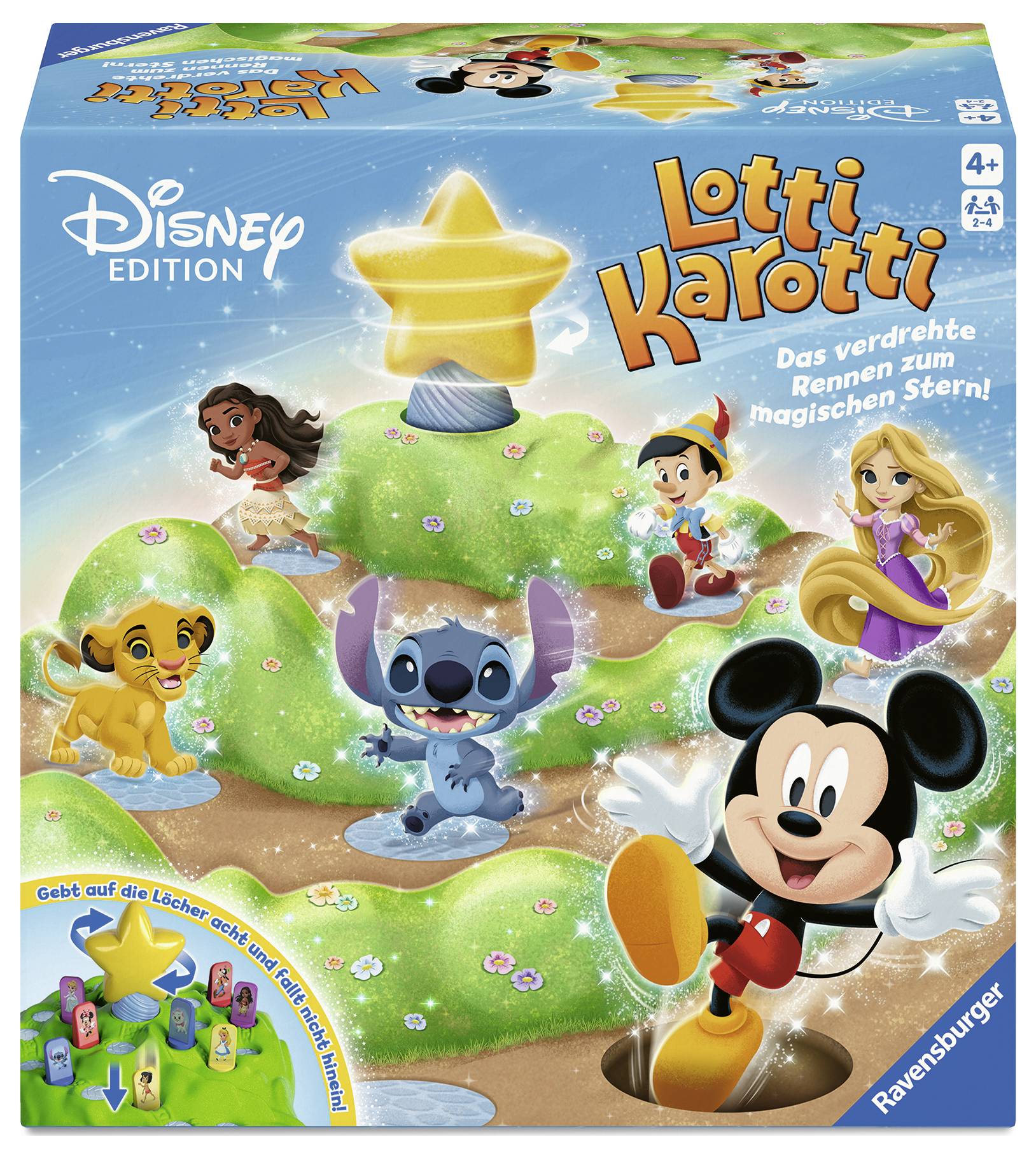 Confezione del gioco 'Lotti Karotti Edizione Disney' con personaggi dei cartoni animati famosi, grafica colorata ed elementi di gioco.