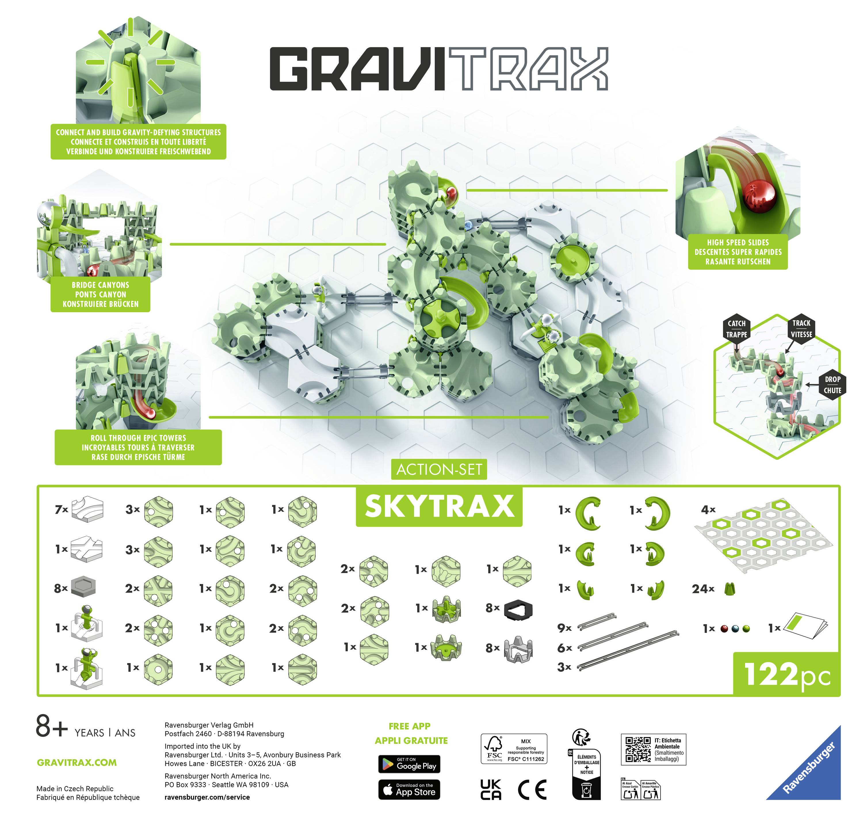 Confezione di 'GraviTrax Action-Set SkyTrax'. Mostra i componenti, le istruzioni e la disposizione delle rotaie. Contiene 122 pezzi per bambini dagli 8 anni in su.