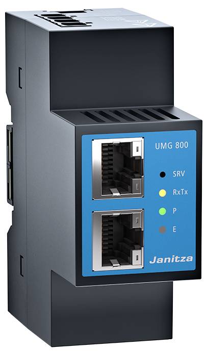 Dispositivo elettronico con due porte Ethernet, etichetta blu 'Janitza UMG 800'. Indicatori di stato per SRV, RxTx, P, E.
