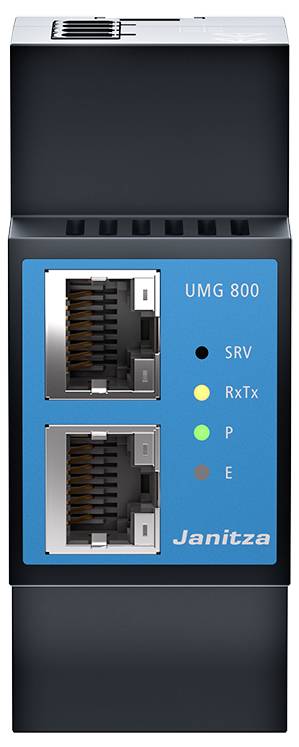 Dispositivo di rete UMG 800 Schwarzer con parte anteriore blu. Mostra due porte Ethernet e quattro LED con etichette: 'SRV', 'RxTx', 'P', 'E'.