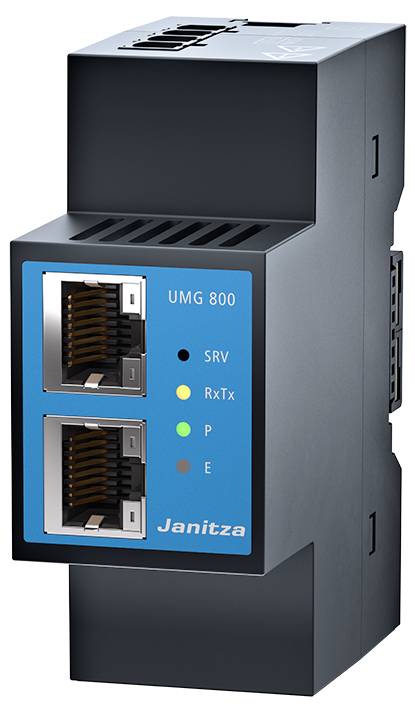 Un interruttore Ethernet Janitza, modello UMG 800, con due porte RJ45 e quattro indicatori LED per SRV, RxTx, P ed E.