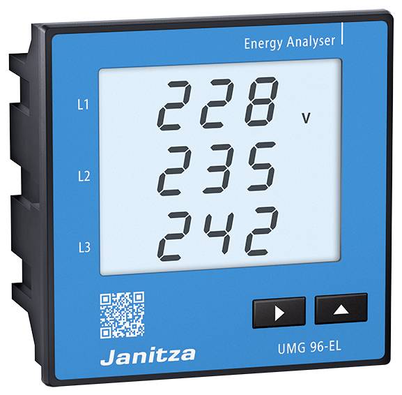 Analizzatore di energia con display digitale, mostra misurazioni di tensione: L1 228V, L2 235V, L3 242V. Marca: Janitza, Modello: UMG 96-EL.