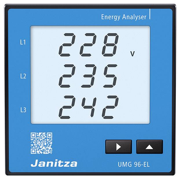 Analizzatore di energia blu con display digitale delle tensioni: L1 '228 V', L2 '235 V', L3 '242 V'. Due frecce di navigazione in basso a destra.