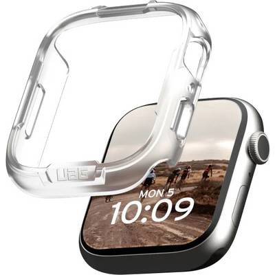 Smartwatch nera con protezione trasparente per la custodia. Il display mostra 'LUN 5' e '10:09' sopra un'immagine di ciclisti in natura.