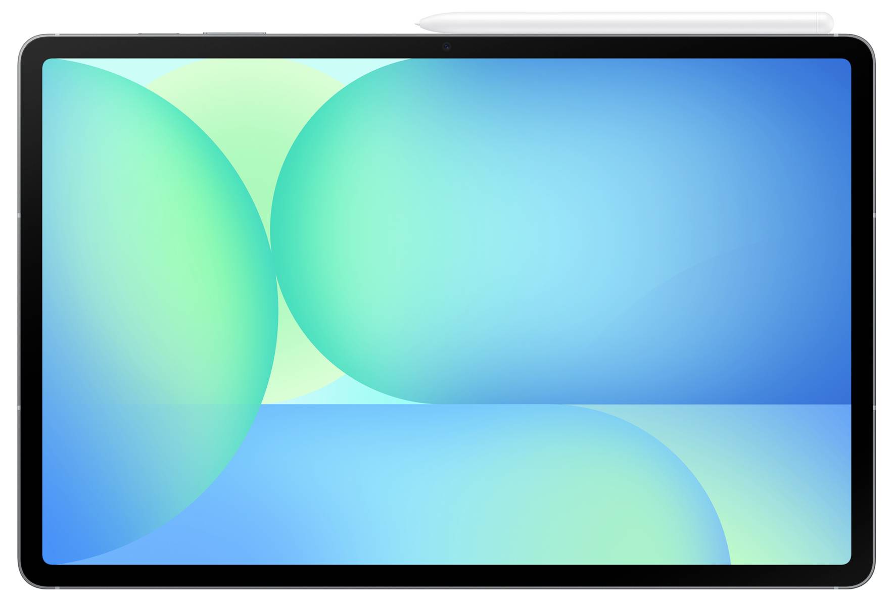 Un tablet con uno stilo poggiato sopra, che mostra un design astratto luminoso di cerchi blu e verdi che si sovrappongono, creando un'estetica moderna e tranquilla.