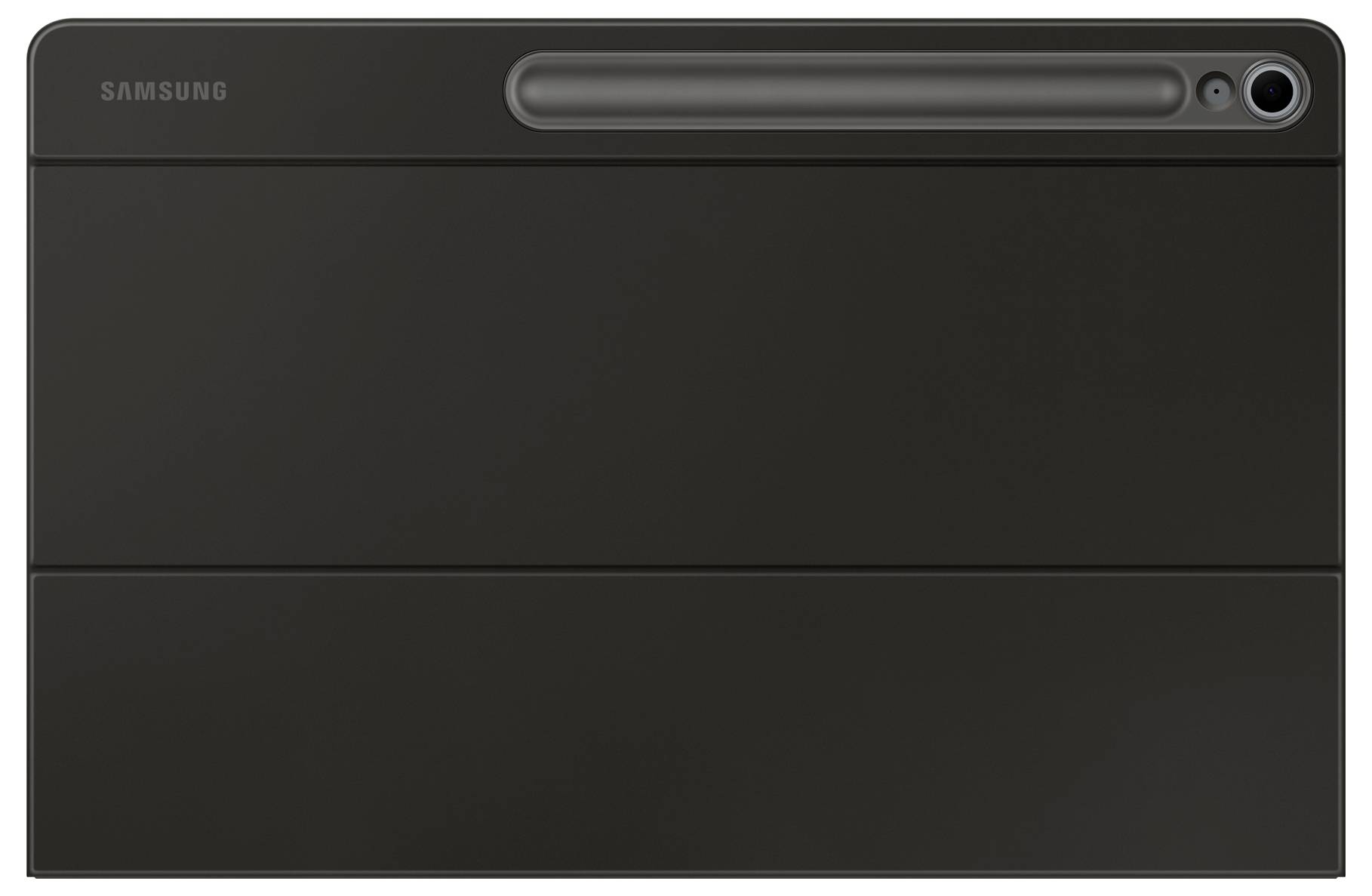 Un tablet Samsung nero con una fotocamera nell'angolo in alto a destra e un design elegante e minimalista.