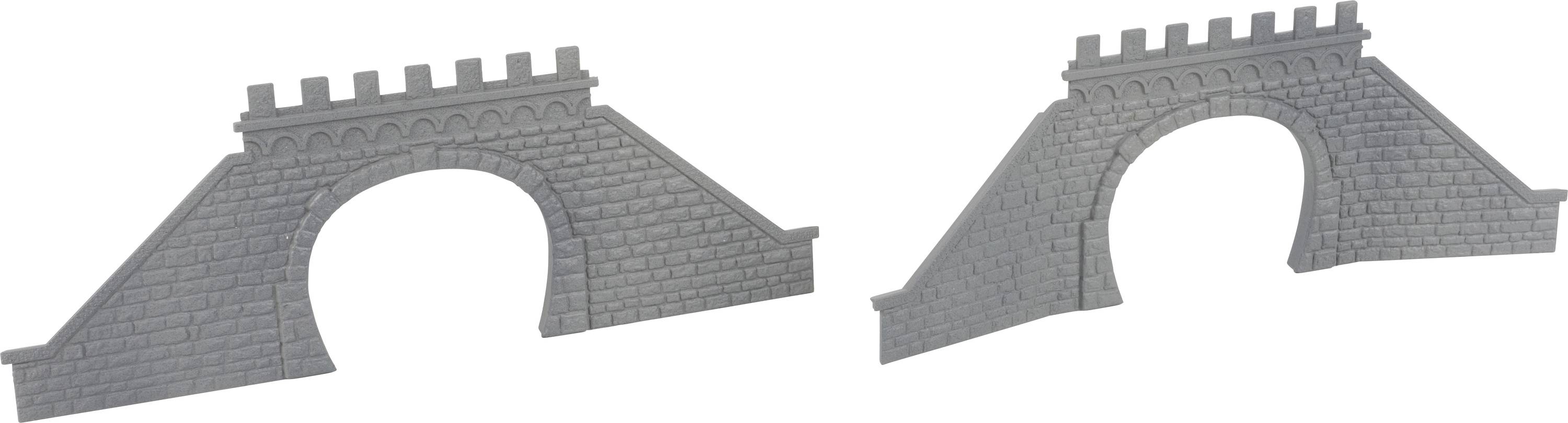 Due ponti modellistici in pietra grigia con merli. Sono ad arco e manca un pezzo di collegamento centrale.