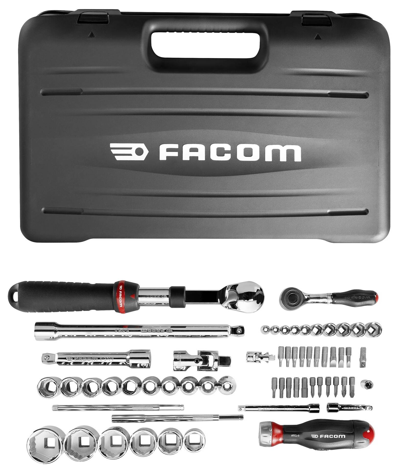 Cassetta degli attrezzi con la scritta 'FACOM' contenente vari cricchetti, bussole e bit, organizzati all'interno di un pratico contenitore in plastica.