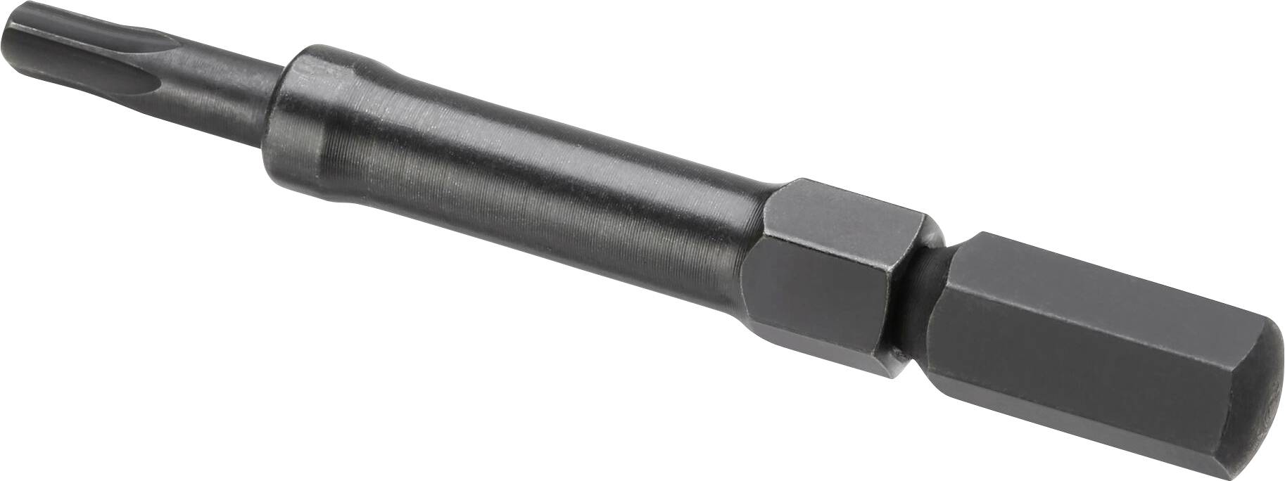 Un cacciavite a brugola nero in metallo con un gambo esagonale e una testa Torx, su sfondo bianco.