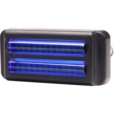 Un dispositivo rettangolare nero con due luci LED blu disposte orizzontalmente, probabilmente un indicatore o una luce decorativa.