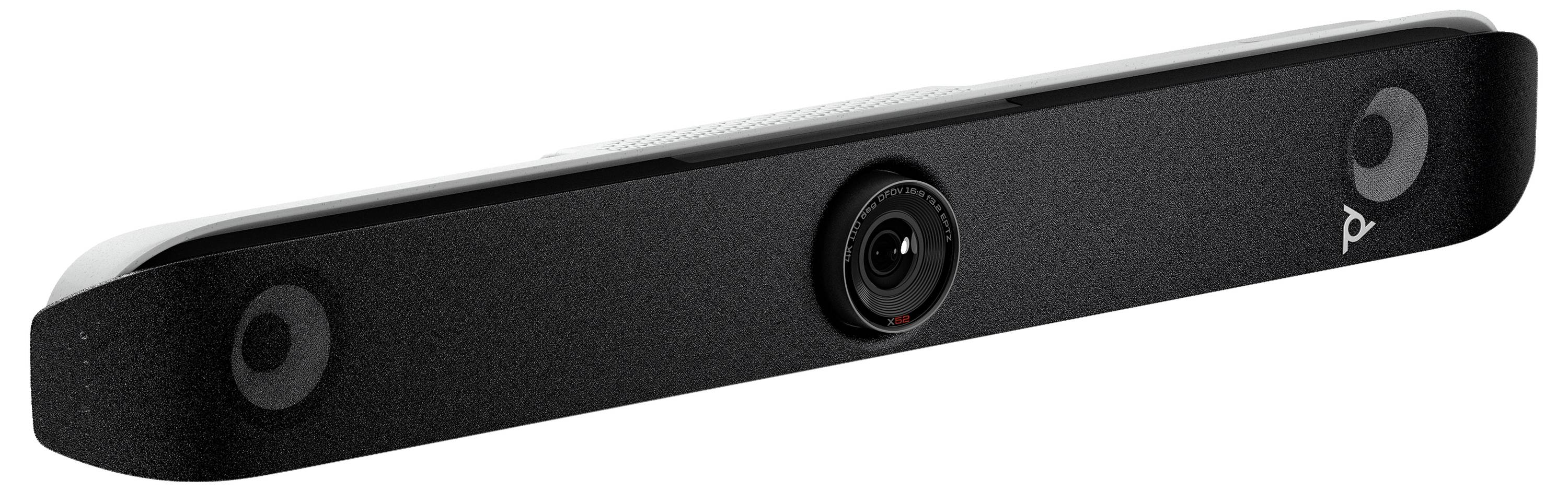 Soundbar nera con telecamera integrata al centro, con altoparlanti visibili a sinistra e a destra. Adatta per videoconferenze.
