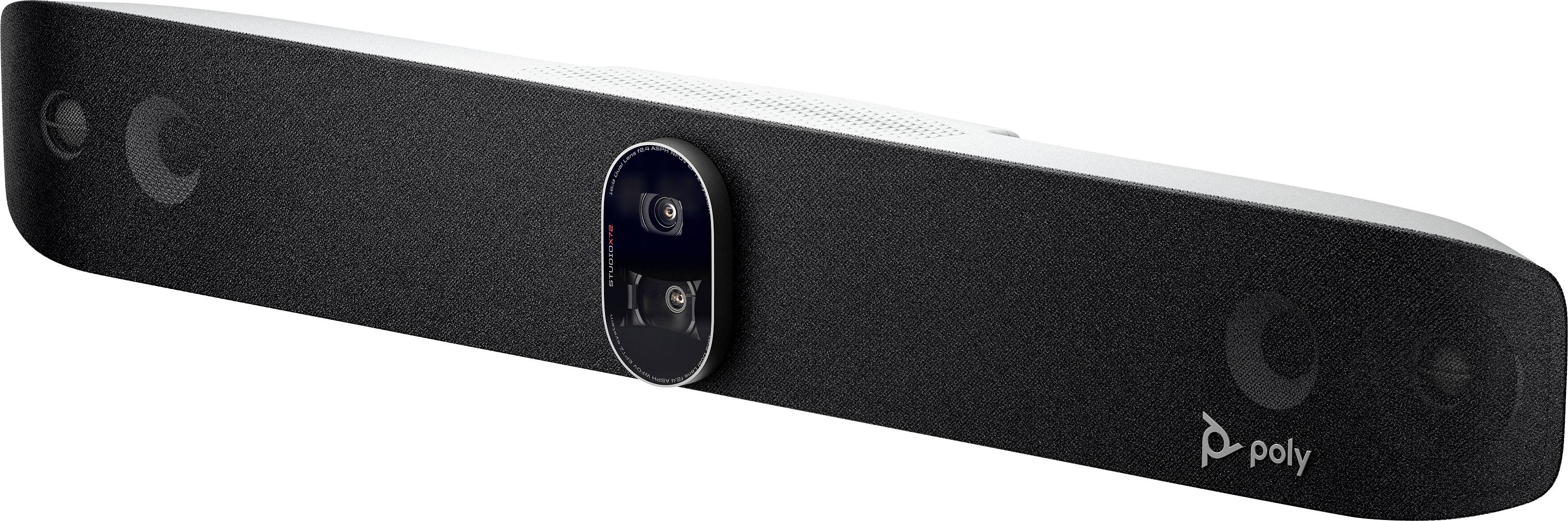 Soundbar nera con scritta 'poly' sul lato, due telecamere integrate al centro, adatta per sale di videoconferenza.