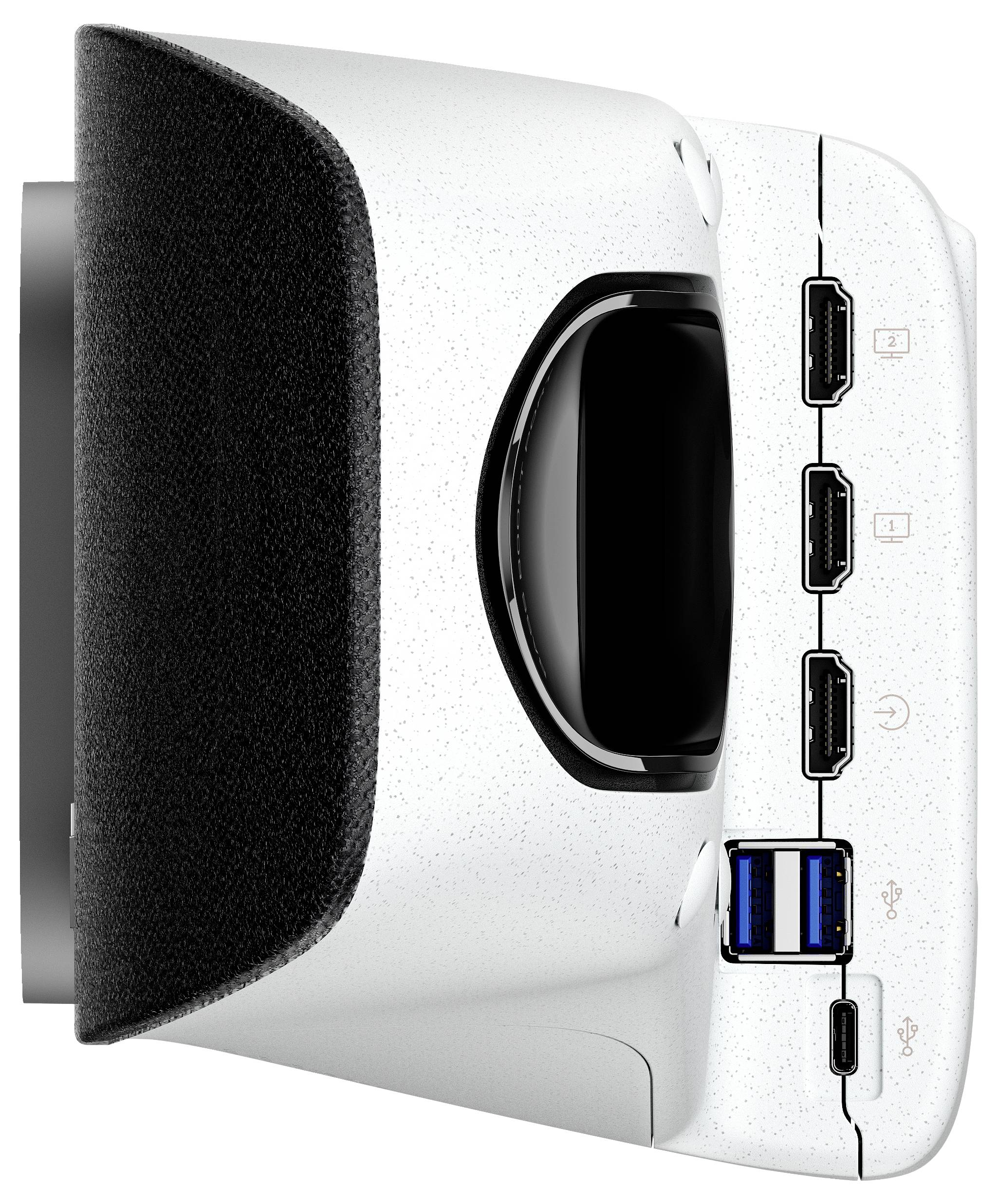 Visore VR visto di lato con connessioni: tre porte HDMI, due porte USB-A, ingresso per cavo di alimentazione. Scocca in bianco con visiera nera.
