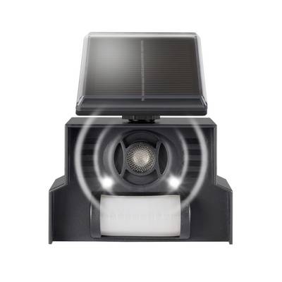 Lampada solare con sensore di movimento e altoparlante, pannello solare rettangolare in alto, sensore e griglia dell'altoparlante al centro.