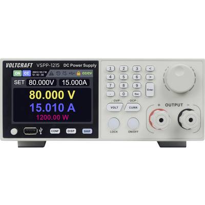 Alimentatore VOLTCRAFT VSPP-1215 DC che visualizza 80.000 V, 15.010 A e 1200.00 W, con controlli di tensione e corrente e terminali di uscita.