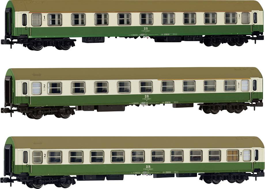 Tre carrozze passeggeri per modellismo ferroviario verniciate in verde e beige, ciascuna con tetto beige e scritta 'DB'.