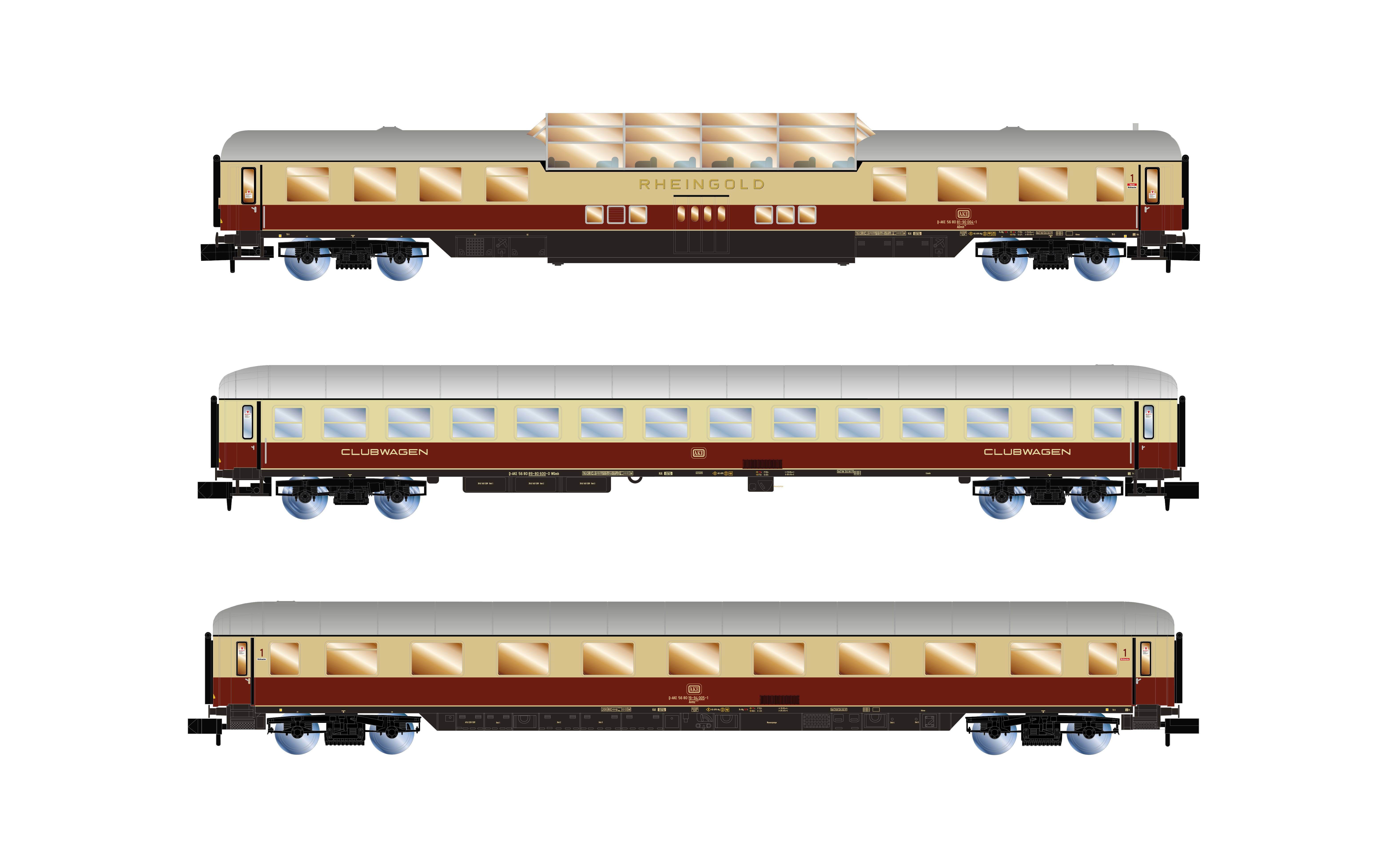 Tre carri ferroviari in miniatura: logo 'Rheingold' sul vagone superiore, vagoni medio e inferiore con scritta 'Clubwagen', verniciatura marrone e color crema.