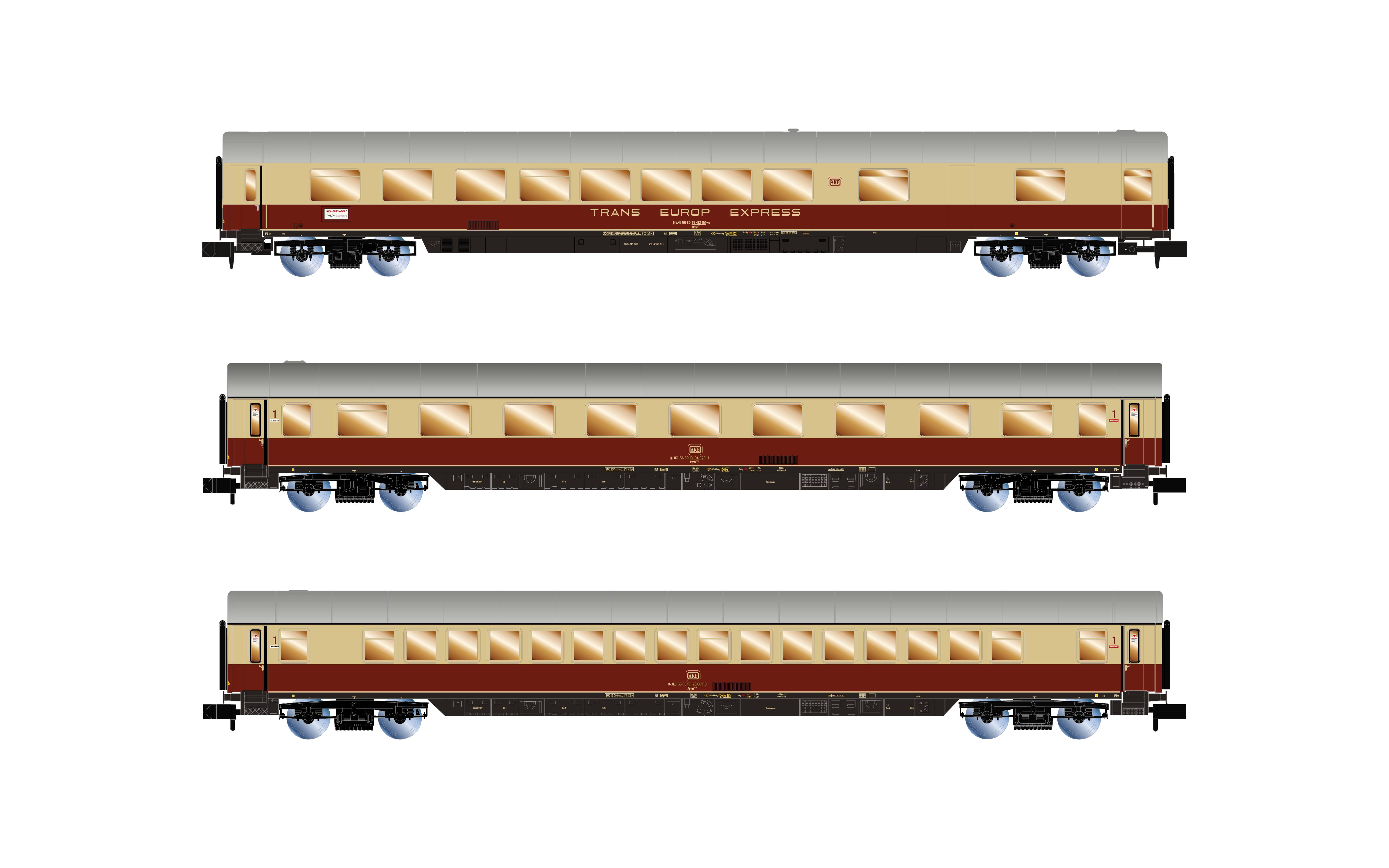 Tre modelli di vagoni Trans-Europ-Express, disposti fianco a fianco e verniciati in beige e rosso, mostrano design classici.