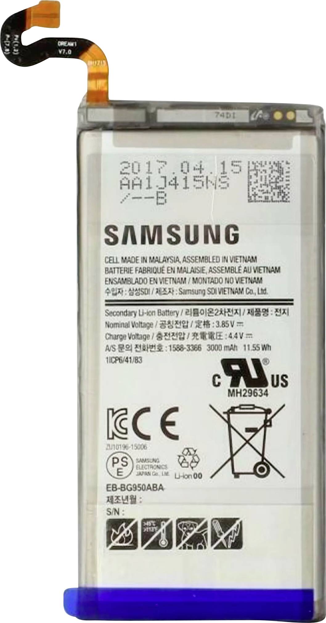 Batteria agli ioni di litio per dispositivo Samsung, contrassegnata con specifiche tecniche, icone di sicurezza e codice a barre.