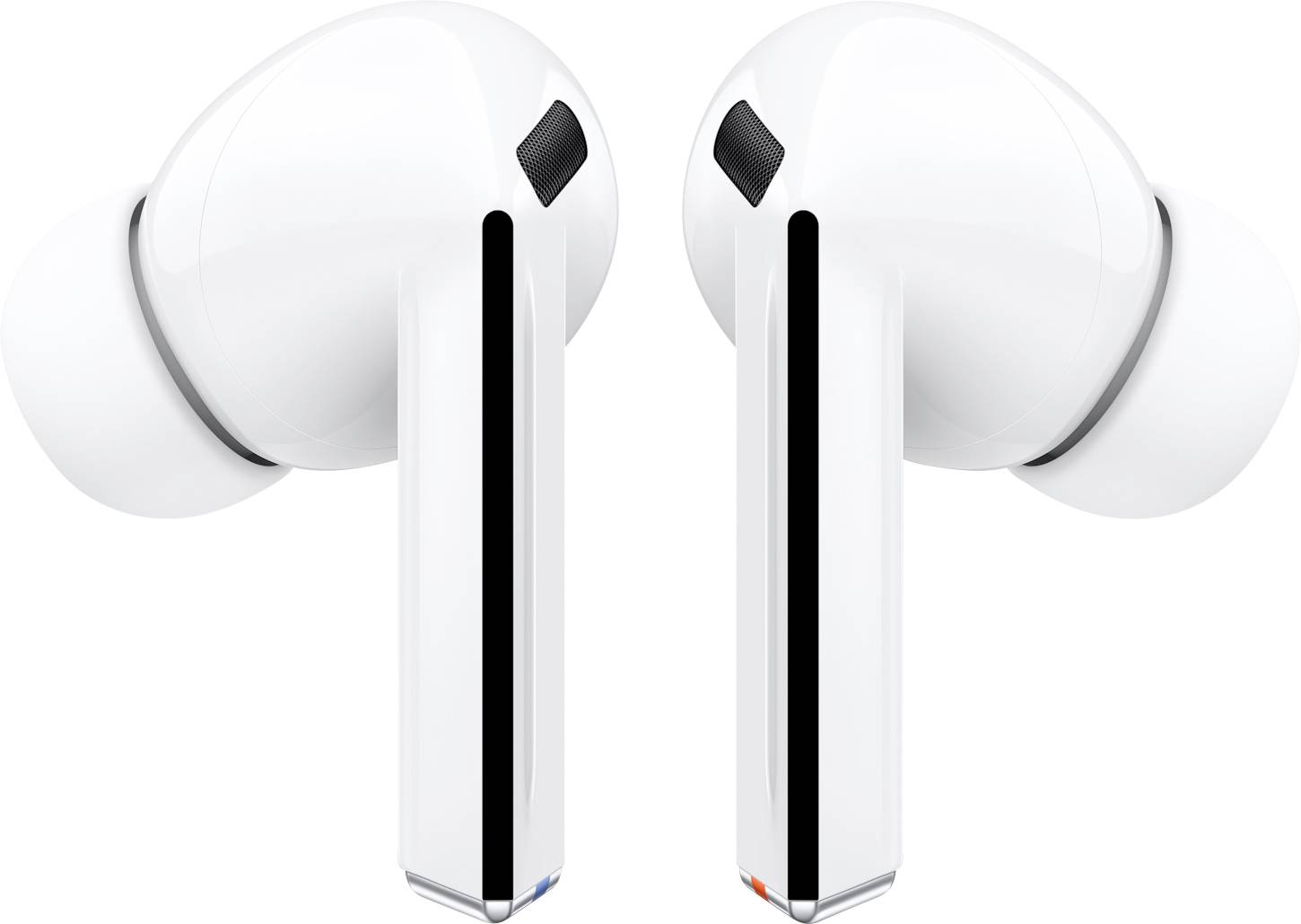 Auricolari wireless bianchi con punte in silicone, caratterizzati da steli allungati e dettagli neri, progettati per un comfort in-ear e la cancellazione del rumore.
