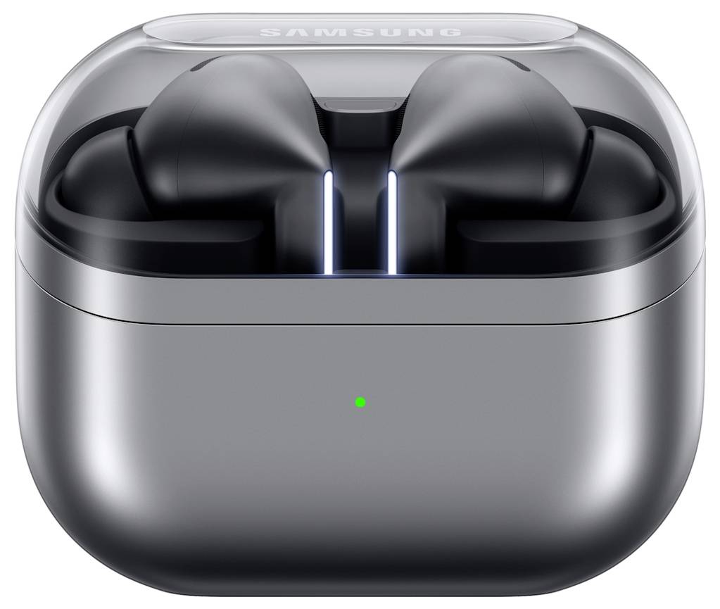 Auricolari Samsung in un case di ricarica con un indicatore LED verde illuminato sul davanti, a suggerire che il dispositivo è carico e pronto all'uso.