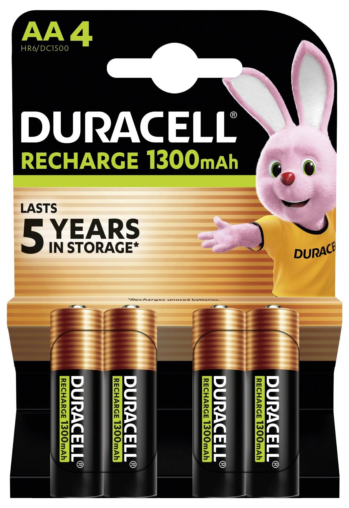 Batterie Duracell AA confezione da 16 con un coniglietto rosa. Il testo mette in evidenza la tecnologia di ultima generazione. Istruzioni e informazioni in più lingue.